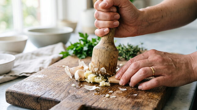 Hands crushing fresh garlic for cooking and flavor enhancement