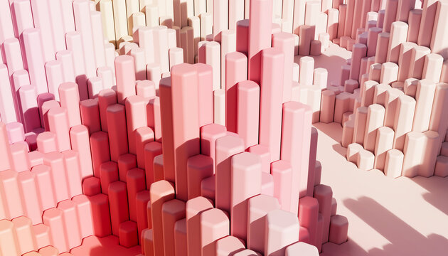 Abstract pink hexagonal pillars form a modern geometric landscape
