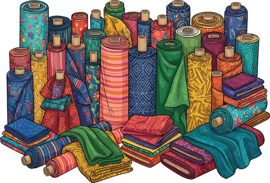 A vibrant collection of colorful fabric bolts and folded textile stacks.