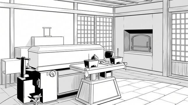 火葬場の告別室と棺を描いたモノクロ漫画背景