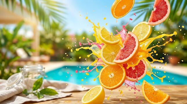 Fresh citrus fruit explosion with orange lemon and grapefruit splashing water drops on a sunny summer outdoor pool background