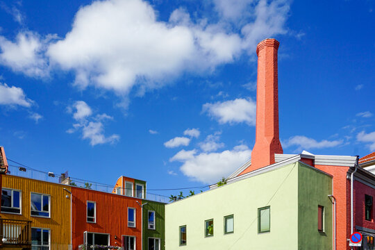 Kampen Oslo colorful buildings with tall red chimney