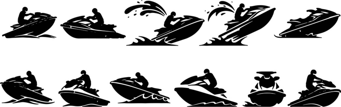 Black silhouette jet ski riding icons, water sport adventure splash wave travel extreme speed vector illustration set, minimal artwork symbols