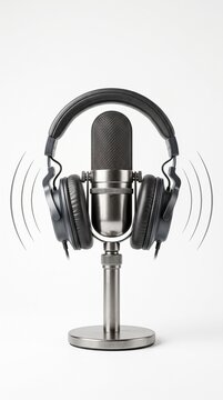 A vintage condenser microphone with professional studio headphones resting on top, emitting subtle sound waves, symbolizing audio recording and broadcasting.