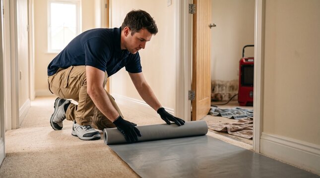 Flood cleanup technician laying protective floor runner before restoration work, professional property protection, residential water damage service preparation