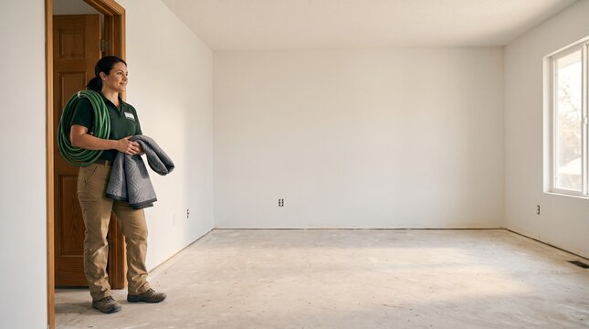 Flood cleanup worker viewing freshly dried living room after equipment removal, professional residential water damage recovery and clean restoration progress