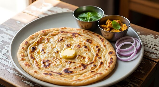 Freshly cooked flaky paratha bread served with melting butter and dipping sauces on a rustic wooden table