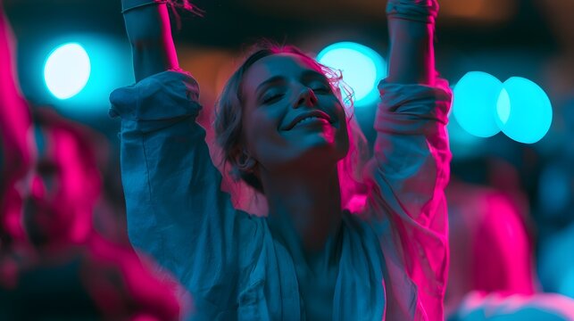 Vibrant neon music festival woman dancing with arms raised. Happy girl at concert party. Nightlife event with pink and blue lights.