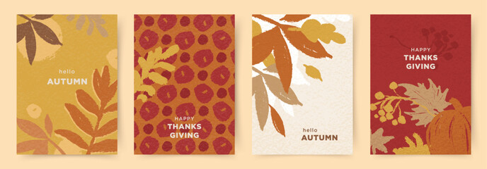 Fototapeta premium Autumn vector set of templates for cards and backgrounds. Seasonal fall illustrations with leaves, pumpkin, berries, botanical elements for poster, greeting card, cover, print, wall art 