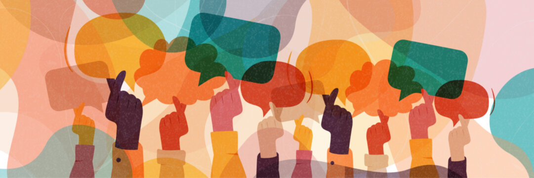 Hands holding chat bubbles. Modern colourful background.