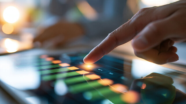 Close up of a finger touching a digital screen showing a completed employee training progress bar hand only composition on a bright glowing display natural light onboarding completion