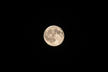 A sharp and detailed shot of the full moon shining brightly isolated against a pitch black night sky background. Beautiful astronomical view. © zlatkozalec