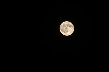 A sharp and detailed shot of the full moon shining brightly isolated against a pitch black night sky background. Beautiful astronomical view. © zlatkozalec