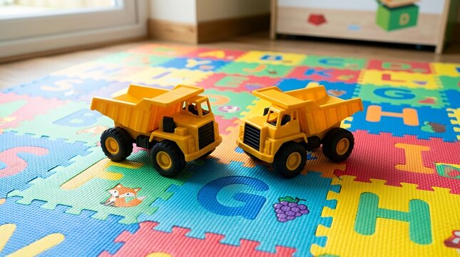 Pair of Miniature Yellow Dumper Vehicles on Educational Letter Play Mat Background toy trucks construction yellow trucks playmat alphabet learning toys educational children play kids vehicles dump