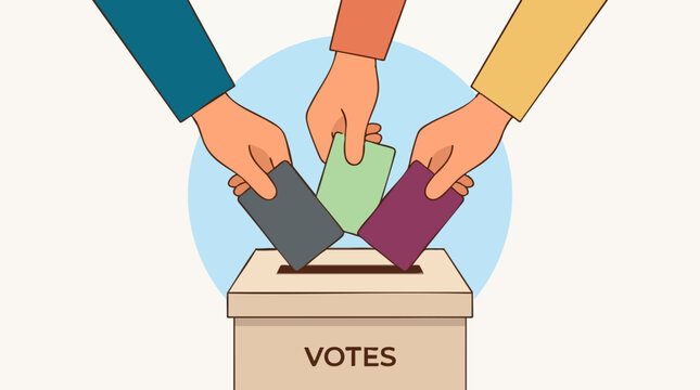 Three hands casting votes into a ballot box, representing elections
