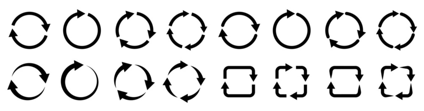 Cycle arrow and reload vector icon set. 16 black silhouette pictograms for refresh, sync, loop, recycle, process, and web UI.