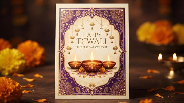 Diwali greeting card with traditional diya lamps and flowers