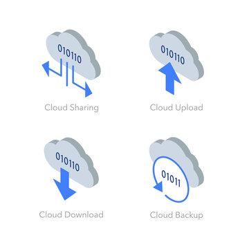 Simple set of isometric flat icons for cloud computing. Contains such symbols as Cloud Sharing, Upload, Download and Backup.