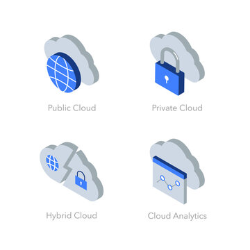 Simple set of isometric flat icons for cloud computing. Contains such symbols as Public, Private, Hybrid Cloud and Analytics.