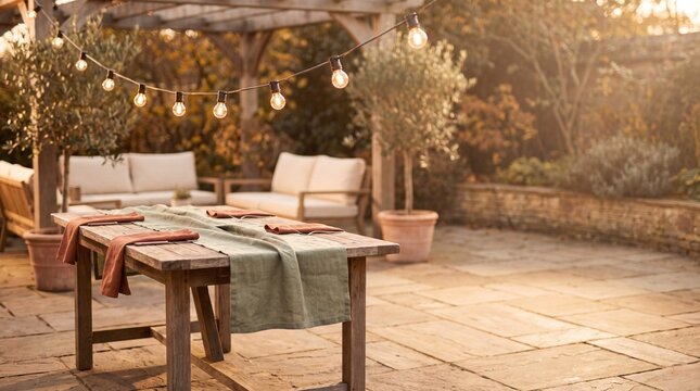 Autumn gathering setup, a charming backyard patio exuding cozy autumn vibes, adorned with string lights
