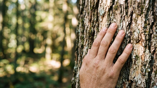 Close-up of a hand gently touching the textured bark of a tree