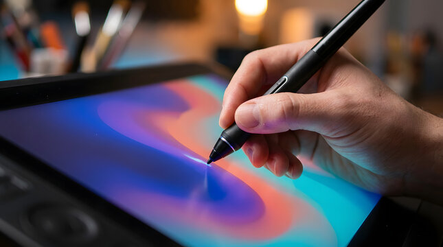 Hand using stylus on a digital drawing tablet with colorful abstract art