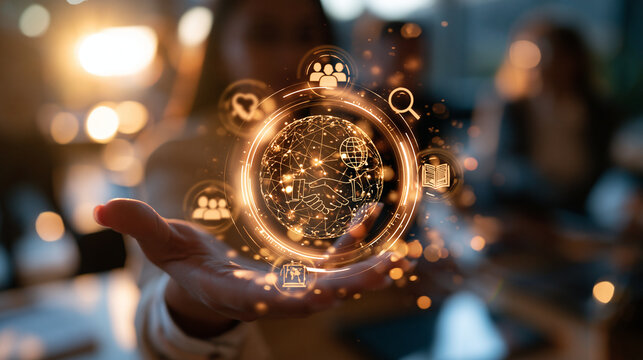 Hand holding a glowing digital circle interface displaying icons for teamwork search global network handshake and knowledge close up hand only composition bright office background