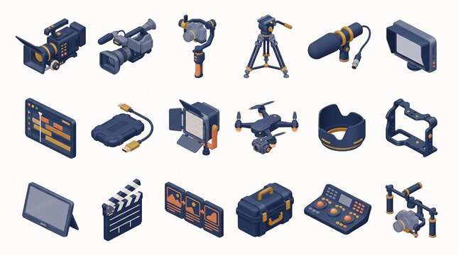 Filmmaking equipment collection with cameras drone and accessories in studio lighting on a white background