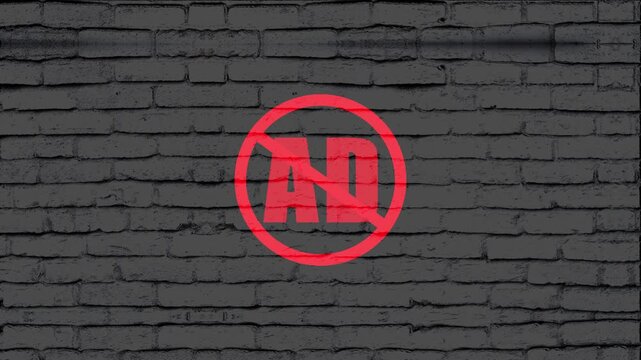 Ad block icon rendered in a bold red color is placed centrally upon a dark grey brick wall to signal that advertisements are not allowed in this space for a clean and focused viewing experience.