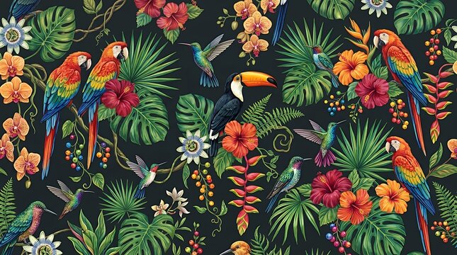 Exotic Bird and Botanical Floral Seamless Pattern Artwork on Dark Background Decorative Surface Design peacock feather bird flower floral pattern seamless background dark black tropical exotic
