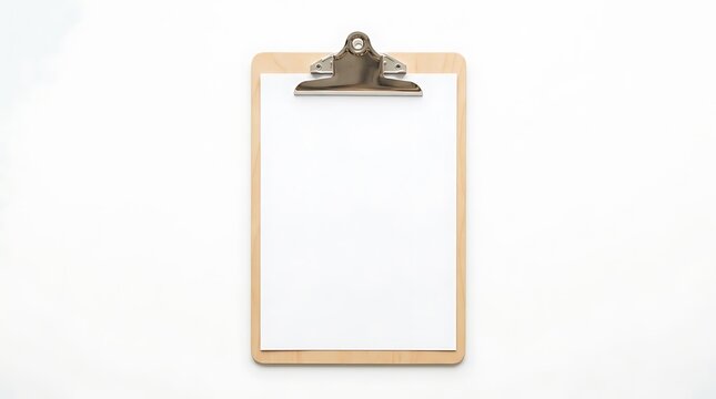 Wooden clipboard with blank white paper isolated on white background.