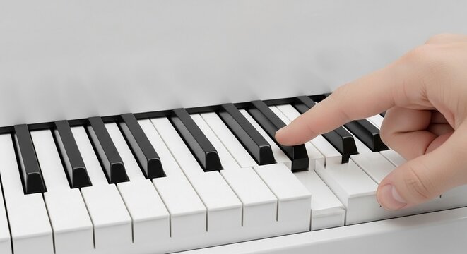 A finger presses a black key on a white piano keyboard, creating music