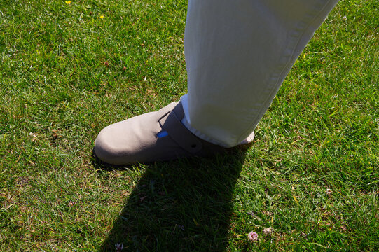 Close up of a foot wearing comfortable beige suede clog shoe walking on green summer grass (Poaceae) in sunny weather.