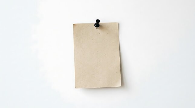 Blank beige paper note pinned on a white wall.