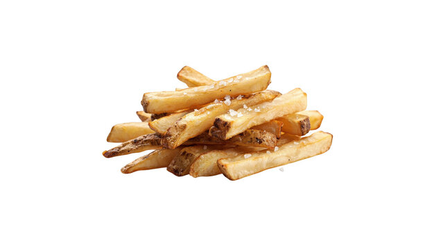 A small pile of golden brown crispy french fries with visible coarse sea salt crystals scattered on isolated on a plain black background
