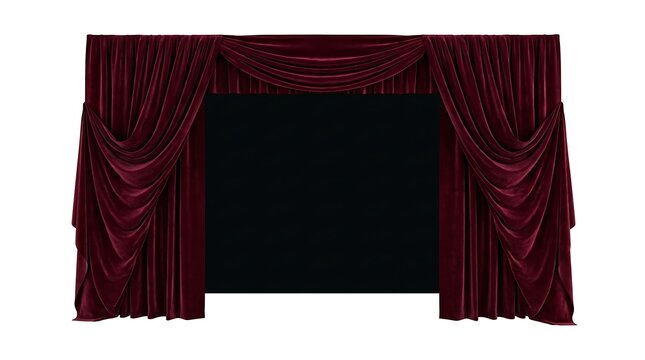 Elegant Dark Red Velvet Theater Curtains Isolated on White Background.