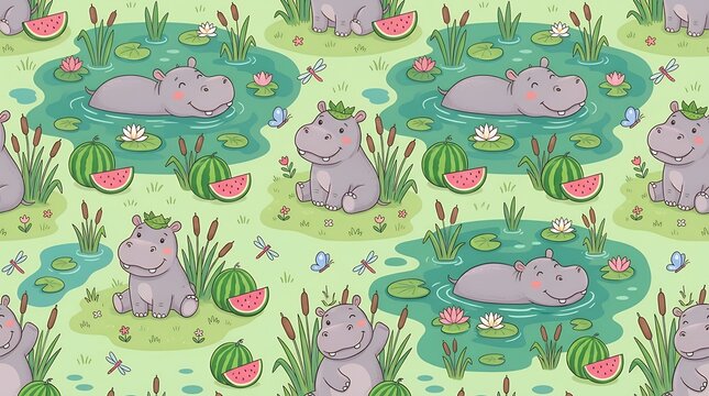 Adorable Cartoon Hippopotamus Seamless Pattern On Grass Watermelon Swamp Background Childrens Textile Design hippopotamus cartoon cute grass watermelon swamp background pattern seamless animal happy