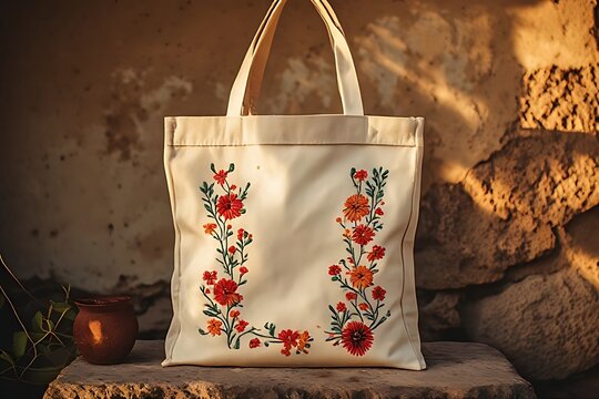 IA generated Peruvian embroidered tote bag mockup on adobe. Ethical fashion branding template with golden hour warm light.
