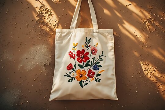 IA generated Peruvian embroidered tote bag mockup on adobe. Ethical fashion branding template with golden hour warm light.

