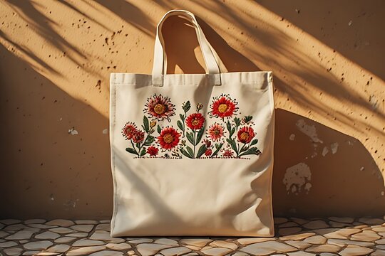 IA generated Peruvian embroidered tote bag mockup on adobe. Ethical fashion branding template with golden hour warm light.

