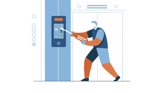 Technician in blue uniform focused on fixing an elevator control panel with tools in a professional building.