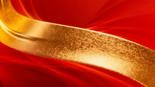 Luxurious red and gold abstract background featuring a textured golden ribbon flowing over a vibrant silky wave pattern