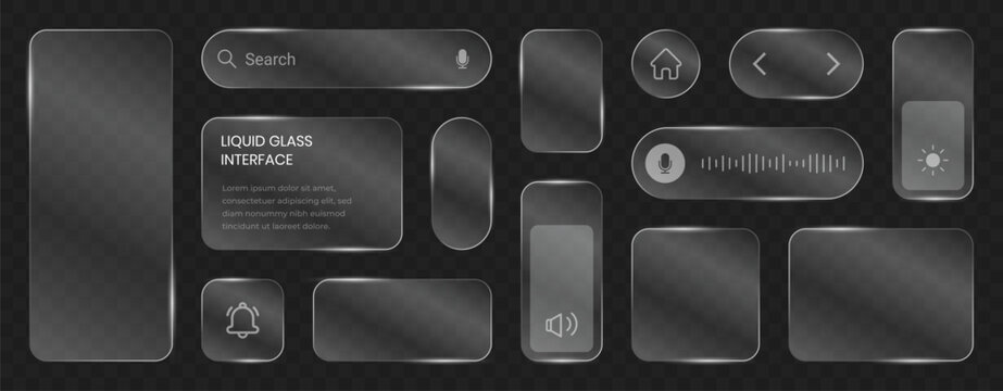 Liquid glass smartphone interface isolated. UI UX light frame rounded square and circle elements with a glow stroke. Collection design widget for smartphone and web app.