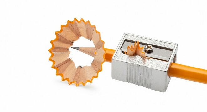Sharp pencil tip emerging from spiral wood shavings created by a silver manual sharpener