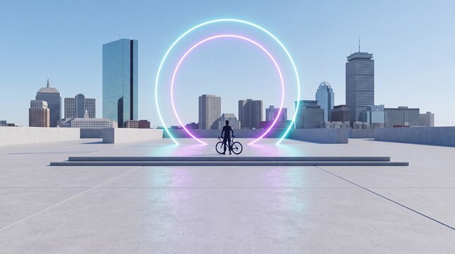 Cyclist Standing Before Glowing Neon Portal with City Skyline