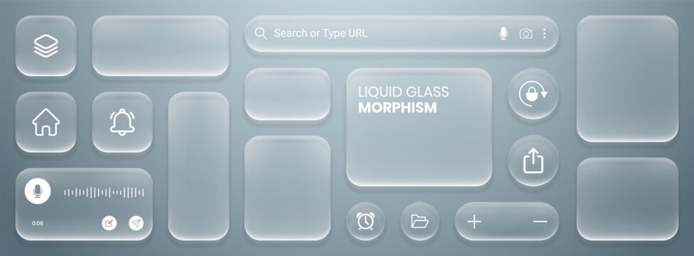 Set of liquid glass morphism white elements in various shapes. Navigation, search bar, notification, microphone, home, download, folder, clock, voice, security buttons for web or app design