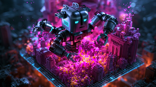 Futuristic Robot Building Digital City with Glowing Data Blocks