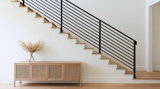 Modern Staircase with Black Metal Railing in Bright Home