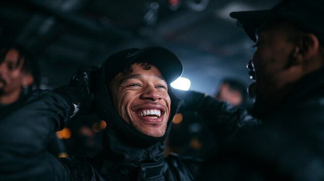 Cheerful Young Man Laughing with Friends at Night