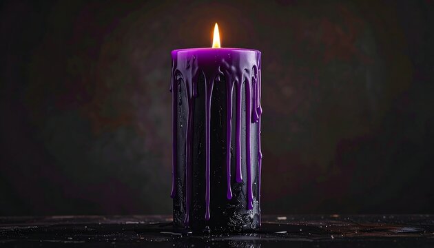 Lit black pillar candle with dripping purple wax on dark background